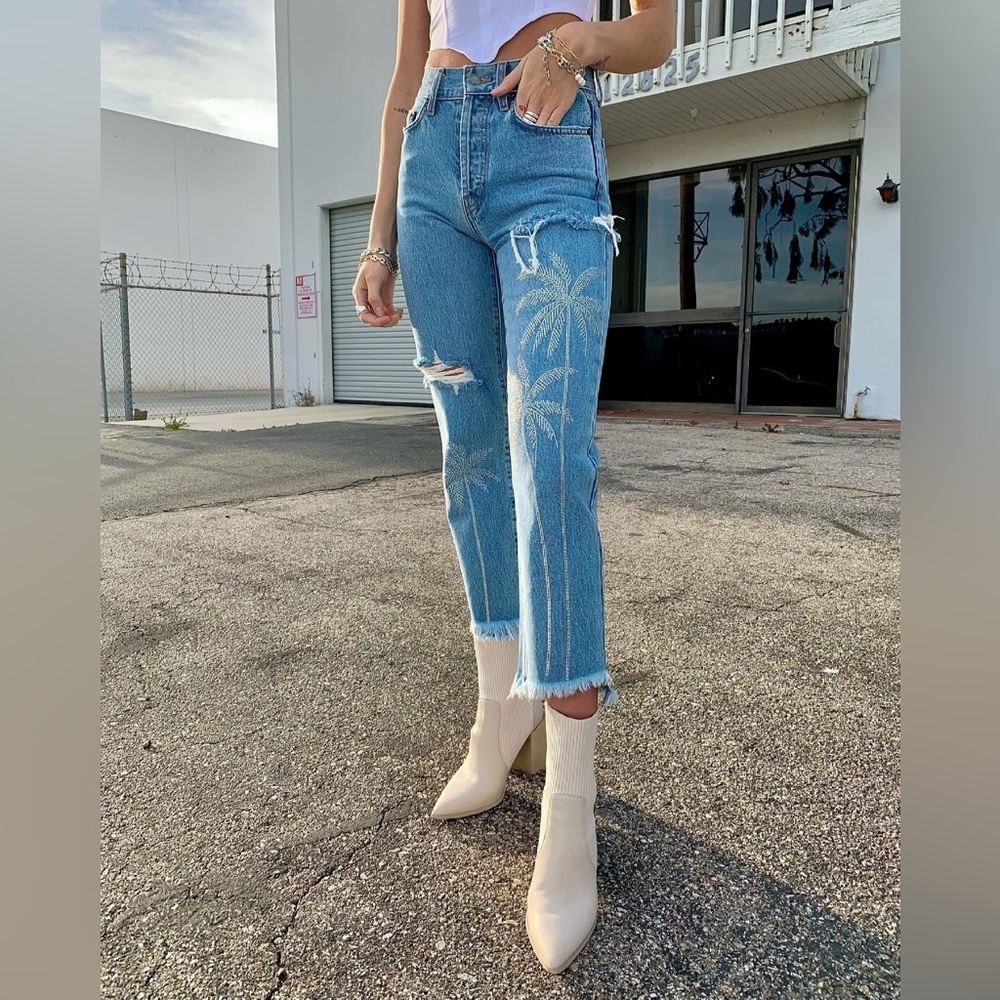 Carmar Blue Palm Print Cropped Jeans